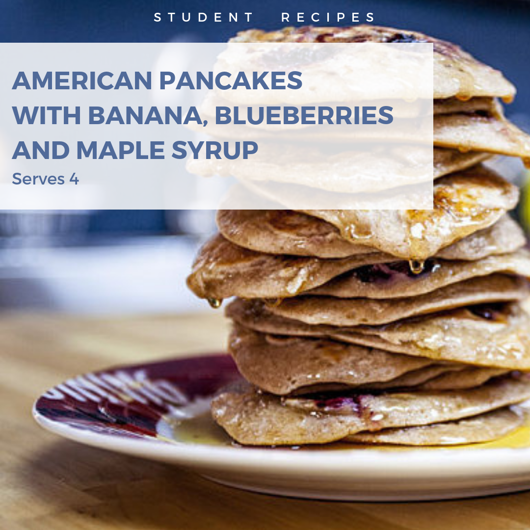American Pancakes with Banana, Blueberries and Maple Syrup- Easy and Cheap Student Recipes - door2doorstudentstorage