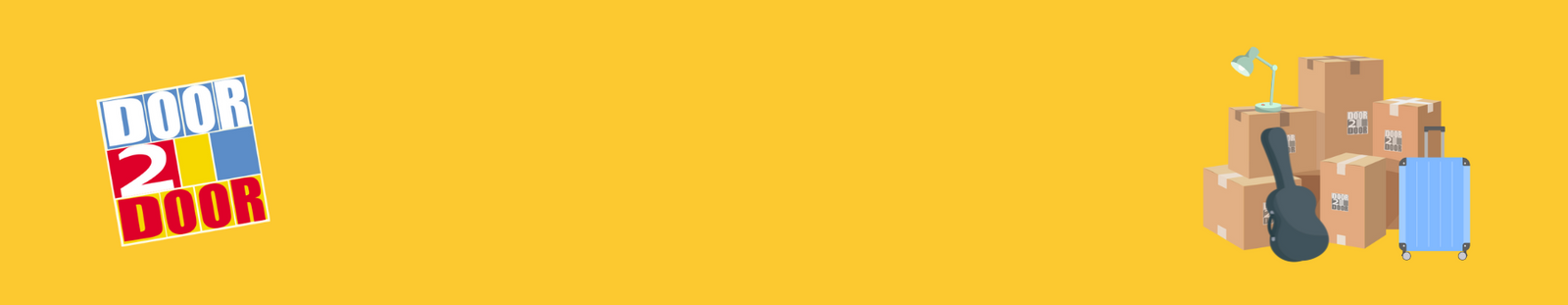 The image shows the 'Door2Door' logo on a yellow background, with a pile of boxes, a blue suitcase, a guitar case, and a green lamp. The image also contains the text 'DOOR 2 DOOR'.