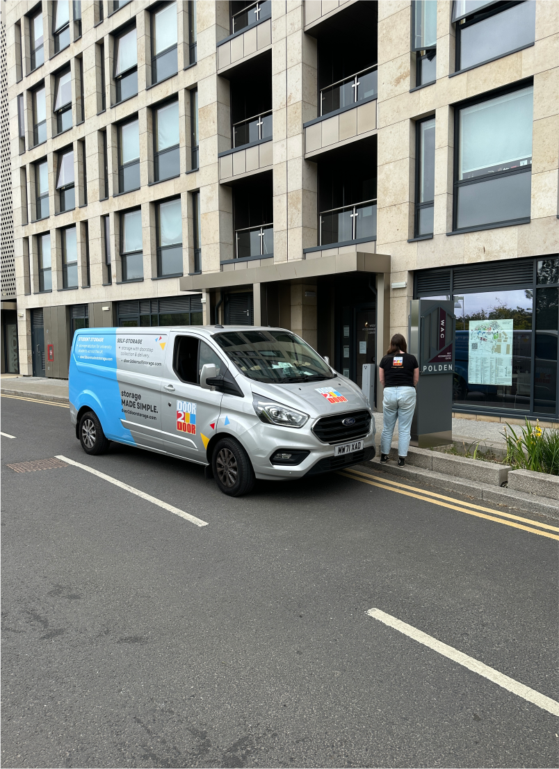 The image shows a door2door logo van parked outside a student accommodation with a female Door2door employee standing beside the van.