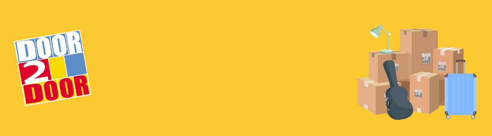 The image shows the 'Door2Door' logo on a yellow background, with a pile of boxes, a blue suitcase, a guitar case, and a green lamp. The image also contains the text 'DOOR 2 DOOR'. 