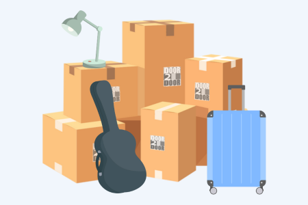 A stack of cardboard boxes, some with the 'Door2Door' logo, is arranged with a light blue suitcase on wheels to the right, a black guitar case leaning against the stack, and a light green desk lamp on top, all against a light blue background.
