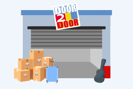 A light blue and gray storage unit with a closed roller door is shown with the 'Door2Door' logo diagonally placed on top. In front of the unit, there are several cardboard boxes, a light blue suitcase with wheels and a handle, and a black guitar case leaning against the right side of the unit.