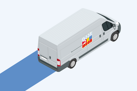 A white van with the 'Door2Door' logo on its side is shown from a slightly elevated rear perspective, casting a blue shadow on a light blue surface.